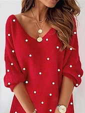 abordables Robe pull-robe décontractée pour femme mini robe floue patchwork décontracté col en V à manches longues couleur rouge vin