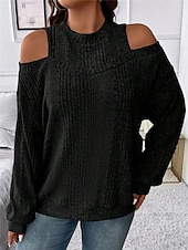 billiga Solida färger-Dam Tröja Pullover tröja Ledigt Mjukt Randig Ribbad Rund hals Stickat Kall axel Långärmad Vanliga toppar Sticka Utomhus Dagligen Helgen Svart Rubinrött Höst Vinter