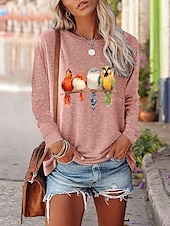 economico Maglietta Animali-Per donna maglietta Animali Uccello Informale Manica lunga Rotonda Top regolari Giornaliero Fine settimana Stampa Rosa Blu Verde Grigio Autunno Inverno