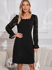 ieftine rochie mini neagra-Pentru femei Rochie neagra Rochii Midi Dantelă Elegant Pătrat Manșon Lung Negru Culoare