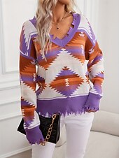 billige Grafiske mønstre og detaljer-Dame Genser Pullover genser Årgang Etnisk stil Fritid Geometrisk Riflet V-hals Strikket Langermet Vanlige topper Strikke utendørs Daglig Helg Marineblå Lilla Høst Vinter