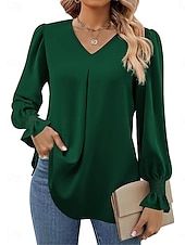preiswerte Damen Arbeitsoberteile-Damen Hemd Glatt Modisch Modern Brautkleider schlicht Langarm V Ausschnitt Normale Oberteile Täglich Wochenende Rüsche Rote Grün Khaki Herbst Winter