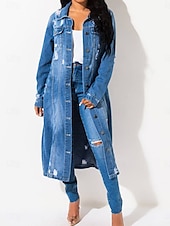 cheap Shirt Jackets-Women&#039;s Denim Jacket Outdoor Street Daily Wear Fall Winter Long Coat Regular Fit Thermal Warm Breathable Stylish Casual Jacket Long Sleeve Solid Color with Pockets Light Blue Navy Blue Blue
