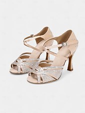 abordables Chaussures de danses latines-Escarpins de danse pour femmes en strass dorés avec brides croisées et semelle en daim – idéals pour les spectacles de danse de salon et de danse latine