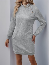 billiga Sweatshirt &amp; hoodie klänningar-Dam Sweatshirt klänning Mini klänning Knapp Ficka Ledigt Hög krage Långärmad Ljusgrå Färg