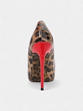 abordables Talons Aiguilles-talons aiguilles imprimé léopard pour femmes – escarpins à bout pointu en cuir verni rouge pour fêtes et événements nocturnes
