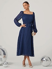 cheap Cocktail Dress-Women&#039;s Vintage Dress Midi Dress With Belt Elegant Vintage Square Neck Long Sleeve Blue Color
