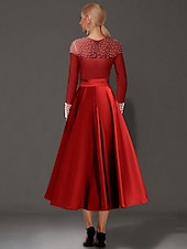 cheap Cocktail Dresses-A-Line Cocktail Dresses Elegant Dress Formal Tea Length Long Sleeve Jewel Neck Satin with Pearls Dresses