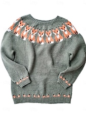 billige Grafiske mønstre og detaljer-Dame Genser Pullover genser Fritid Myk Dyr Riflet Crew-hals Strikket Langermet Vanlige topper Strikke utendørs Daglig Helg Grønn Mørkegrå Høst Vinter