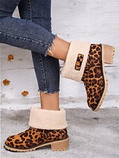 cheap Snow &amp; Winter Boots-Women&#039;s Red Leopard Print Winter Boots with Faux Fur Lining and Chunky Heel – Warm and Stylish Snow Boots