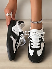 billiga Damsneakers-kvinnors retro svarta och vita sneakers med snörning - avslappnad lågtoppsdesign med mocka och tygdetaljer, bekväm sula för dagligt bruk och sportaktiviteter