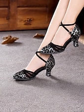 cheap Latin Shoes-Women&#039;s Leopard Print Closed Toe Dance Heels with Cross-Strap and Soft Suede Sole – Ideal for Latin, Ballroom, and Salsa Dancing