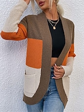 billige Åpen front cardigan-Dame Genser Kofte Fritid Myk Fargeblokk Riflet Åpen Forside Lomme Strikket Langermet Vanlige topper Strikke utendørs Daglig Helg Blå Kakifarget Høst Vinter