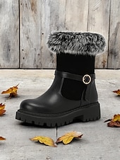 baratos Botas de neve e inverno-botas de inverno femininas com acabamento em pele sintética – botas de cano curto estilosas e quentes com detalhe de fivela e sola resistente, perfeitas para aventuras ao ar livre em climas frios