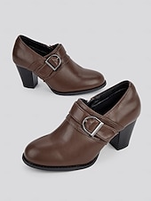 cheap Block Heels-Women&#039;s Faux Leather Buckle Strap Heeled Shoes – Stylish Block Heels for Casual and Office Wear