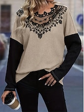 economico Top in Pizzo-Top in pizzo elegante da donna blusa all&#039;uncinetto moda moderna casual top semplici regolari maniche lunghe scollo rotondo vestibilità regolare abbigliamento quotidiano weekend romantico top petite