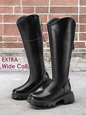 cheap Fashion Boots-Women&#039;s Extra Wide Calf Knee-High Boots – Comfortable Black Faux Leather with Rugged Sole, Perfect for Outdoor Adventures and Everyday Wear