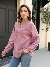 economico Camicie-Per donna Camicia Boho Camicie ispirate al lino Floreale Casual Manica Lunga Manica a Vescovo Scollo a V Top Regolari Vacanza Lavoro Quotidiano Ricamato Rosa Autunno Autunno &amp; Inverno