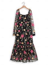 preiswerte abendkleider-Damen schwarzes kleid Maxidress Rüsche Bestickt Elegant Quadratischer Ausschnitt Langarm Schwarz Farbe