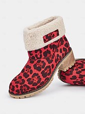 cheap Snow &amp; Winter Boots-Women&#039;s Red Leopard Print Winter Boots with Faux Fur Lining and Chunky Heel – Warm and Stylish Snow Boots