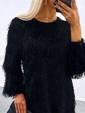 halpa Neulotut mekot-Naisten Rento mekko Mini mekko Tupsu Vapaa-aika Tiukka pyöreä kaula-aukko Pitkähihainen Musta Aprikoosi Väri