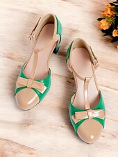 olcso Block Heels-vintage stílusú zöld és bézs női blokksarkú cipő masnis akcentussal – elegáns t-pántos szandál bulikra és különleges alkalmakra