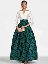 abordables VERT-Robe de soirée en A verte brocart floral élégante tenue formelle longueur complète manches 3/4 décolleté en V poche en satin avec imprimé robe invitée de mariage