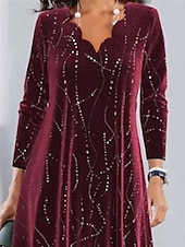 preiswerte abendkleider-Damen Paillettenkleid Midikleid Pailletten Brautkleider schlicht Gezackter Hals Langarm Wein Farbe