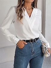 preiswerte Elegante Oberteile-Damen Hemd Bluse Feste Farbe Basic Brautkleider schlicht Langarm V Ausschnitt Normale Oberteile Täglich Weiß Rosa Wein Herbst Winter