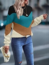 お買い得  単色-女性用 ニット プルオーバーセーター カジュアル ソフト カラーブロック リブ クルーネック ニット 長袖 レギュラートップス ニット アウトドア 日常 週末 フクシャ グリーン 秋 冬