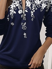 abordables Tops Florales-Sudadera de mujer de poliéster con estampado floral para uso diario, con cremallera, informal, cuello redondo, manga larga, microelástica, otoño e invierno, cómoda, transpirable, tejido suave