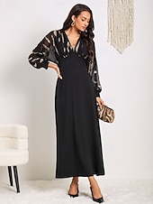cheap Plain Dress-Women&#039;s Long Dress Sheer Feather Print Sleeves V-neck Black Festive Party Elegant Maxi Winter Fall Clothing Apparel