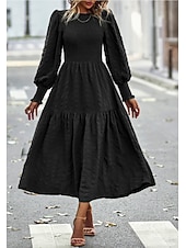 abordables robe longue noire-robe de travail pour femme robe noire robe d&#039;hiver élégante robe longue robe maxi plissée col rond manches longues uni coupe ample noir printemps automne s m l xl