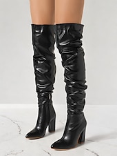 baratos Botas Slouch-botas femininas pretas largas acima do joelho – bico fino estiloso com salto bloco para moda de inverno e roupas de noite