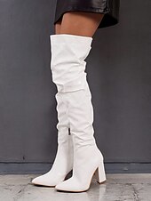 baratos Botas Slouch-botas femininas pretas largas acima do joelho – bico fino estiloso com salto bloco para moda de inverno e roupas de noite