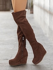 cheap Fashion Boots-Women&#039;s Brown Over-the-Knee Wedge Boots with Side Zipper – Faux Suede Texture and Comfortable Platform for Casual and Stylish Outfits