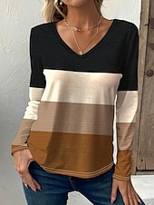 economico T-shirt a righe e geometrico-Per donna maglietta A strisce Informale Manica lunga A V Top regolari Giornaliero Stampa Marrone Primavera Autunno