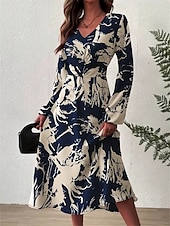 abordables Robes fleuries élégantes-robe longue à fleurs à col en V et manches longues pour femme printemps automne