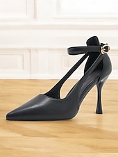 abordables tacones kitten-Tacones de aguja negros para mujer con correa en el tobillo: elegantes zapatos de punta puntiaguda para fiestas de noche y eventos formales