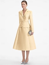 preiswerte Mit Jacke-Blazer Kleid Zweiteilig A-Linie Champagner Kleid Smoking Kleid Elegant V-Ausschnitt Tee-Länge Satin Lange Ärmel mit Uni-Farbe Derby Kleider 2025
