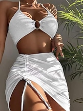 billiga Bikiniset-Dam Badkläder Bikini Tre delar Kaxig Baddräkt Öppen rygg Smal Semester Standkläder Ensfärgat Halterneck Ärmlös Baddräkter