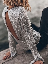 preiswerte Einfache Blusen-Damen Hemd Pailletten Funkelnd Party Pailletten Rückenfrei Einfarbig Basic Lässig Langarm Rundhalsausschnitt Normale Oberteile Party Silber Schwarz Herbst Winter