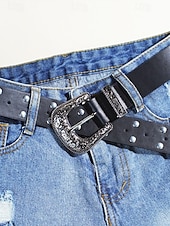 cheap Women&#039;s Belt-Women&#039;s Western Style Belt with Embossed Buckle and Studded Detailing, Faux Leather Adjustable Waist Belt for Casual and Vintage Outfits