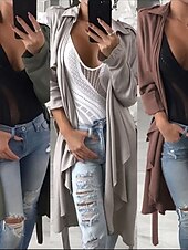 halpa Trench Coats-Naisten Rento takki ulko- Katu Arki-asut Syksy Talvi Pitkä Takki Normaali Pidä lämpimänä Hengittävä Tyylikäs Vapaa-aika Jackets Pitkähihainen Yhtenäinen väri Taskut Rubiini Apila Harmaa