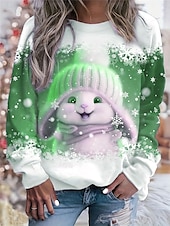 baratos Animais Tops-Moletom Feminino Manga Longa Inverno Coelho com Chapéu Gráfico Azul Flocos de Neve Decote Redondo Casual Confortável Festa de Fim de Ano Vestuário Para Casa Ajuste Regular