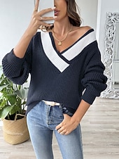 Women's Sweater Pullover Sweater Jumper Casual Soft Pure Color Ribbed V Neck Knitted Long Sleeve Regular Tops Knit Outdoor Daily Weekend Black Navy Blue Fall Winter 10