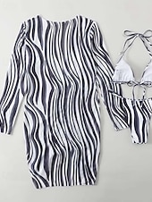 billige Bikinisett med 3 deler-Dame Badetøy Bikini Tre stykker Frekk Badedrakt Åpen rygg Tynn Ferie Strand Klær Sebramønster Grimehals Langermet Badedrakter