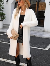 voordelige Vesten en bovenkleding-dames vest open fuzzy front gebreid gebreid herfst winter werk elegant mode dagelijks lange mouw effen kleur wit kaki