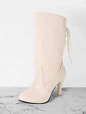 economico Stivali alla moda-stivali neri con lacci da donna con tacco a metà polpaccio - eleganti stivali a stiletto con punta affilata e dettaglio in pizzo laterale per outfit autunnali e invernali
