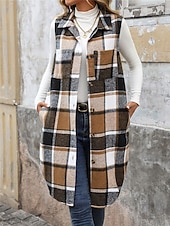 baratos Colete-Mulheres Colete Ao ar livre Rua Roupa Diária Outono Inverno Longo Casaco Normal Térmico / Quente Respirável à moda Casual Casaco Sem Manga Listras e xadrez Com bolsos Imprimir Laranja Verde Cáqui